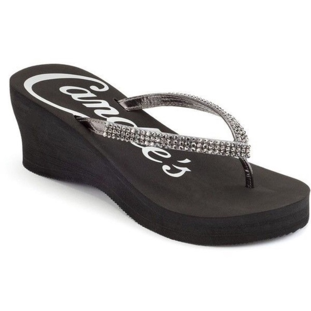 CANDIE’S Black Rhinestone Thong Wedge Sandals 11 - Picture 1 of 3
